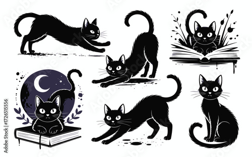 Collection of stylized black cats in various poses and mystical settings