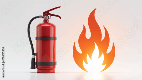 A digital illustration of a red fire extinguisher and a flame icon against a white background 