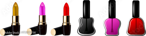 Collection of nail polishes and lipsticks in vector style. Perfect for beauty projects, cosmetic branding, makeup illustrations, salon promotions, fashion designs, and product packaging.