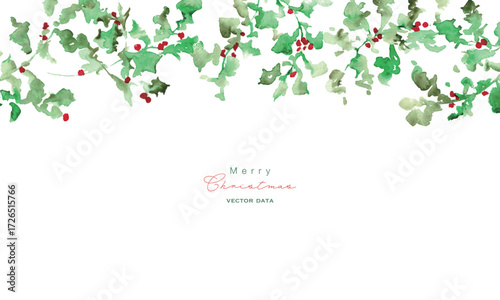 水彩画。水彩タッチの12月のクリスマスリース。ヒイラギのクリスマスベクターイラスト。