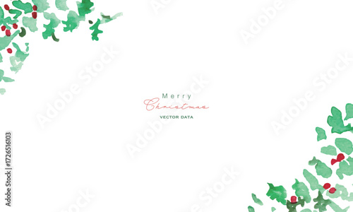 水彩画。水彩タッチの12月のクリスマスリース。ヒイラギのクリスマスベクターイラスト。