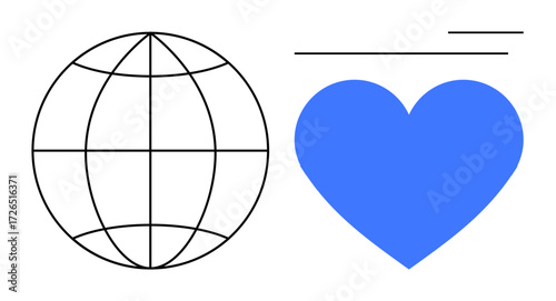 Outlined globe and blue heart flanked by minimal horizontal lines. Ideal for unity, global love, charity, environmental care, digital connection, social issues, simple flat metaphor