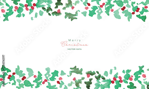 水彩画。水彩タッチの12月のクリスマスリース。ヒイラギのクリスマスベクターイラスト。