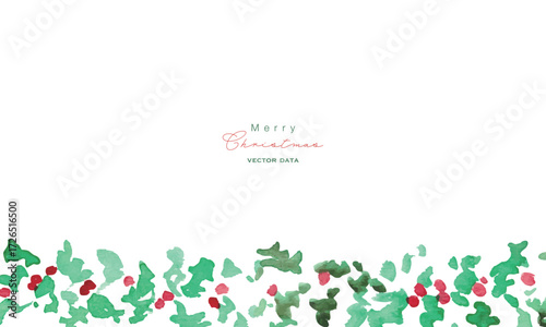 水彩画。水彩タッチの12月のクリスマスリース。ヒイラギのクリスマスベクターイラスト。