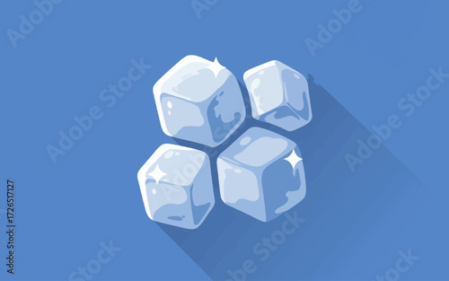 Four shiny ice cubes with long shadows on a blue background in a flat design style.