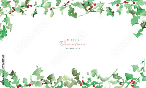 水彩画。水彩タッチの12月のクリスマスリース。ヒイラギのクリスマスベクターイラスト。