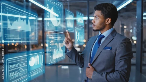 Young Business Professional Analyzing Data on Futuristic Transparent Interface Inside Modern Office Building with Nighttime Cityscape Seen Through Windows 4k video
