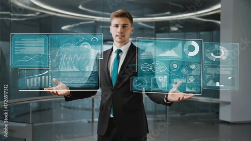 Futuristic Businessman Presenting Data on Virtual Screens Innovating the Future of Global Business and Corporate Technology Analytics 4k video