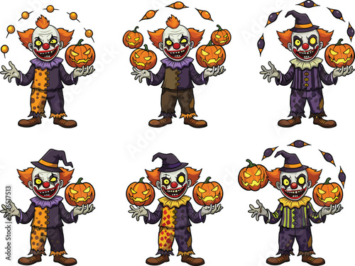 Cartoon clowns juggling Halloween jack-o'-lanterns with glowing faces, spooky festive characters in colorful costumes for seasonal vector stock content