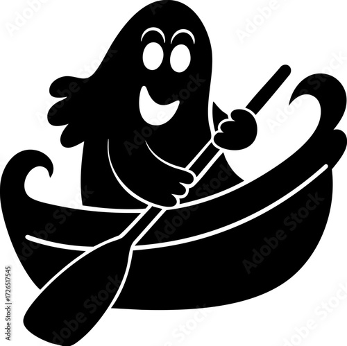Cheerful ghost is rowing boat with paddle, creating whimsical and playful scene. ghost joyful expression adds fun and lighthearted touch to illustration