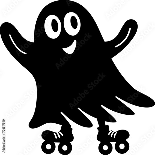 Cheerful ghost wearing roller skates glides with joy, showcasing playful and whimsical spirit. simple black silhouette adds charming and fun element to design