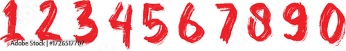 Hand-painted red numbers 1 to 0 in a bold brushstroke style. The digits look artistic, energetic, and expressive. Great for creative posters, art projects, or unique designs.