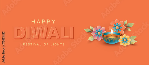 Hindi Diwali greeting horizontal banner. Celebrating minimalistic card of the Indian festival of lights Diwali