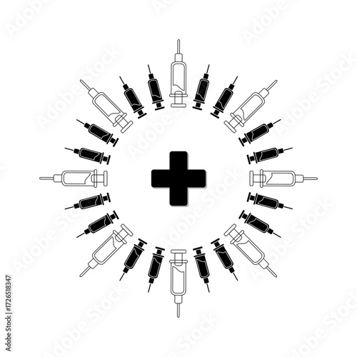 Cute doodle syringe frame in simple hand drawn style, isolated on white background, great for medical, clinic, and healthcare design elements.