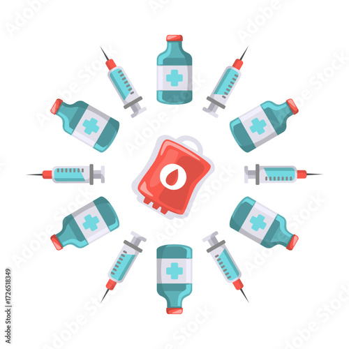 Medical syringe, medicine vial, and blood bag icons isolated on white background, clean healthcare illustration for hospital and clinic design projects.