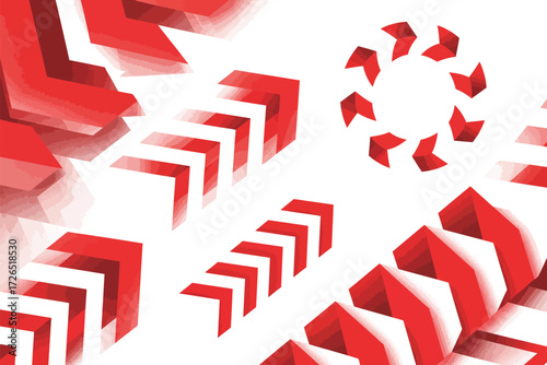 Abstract red and white geometric shapes forming patterns and spirals