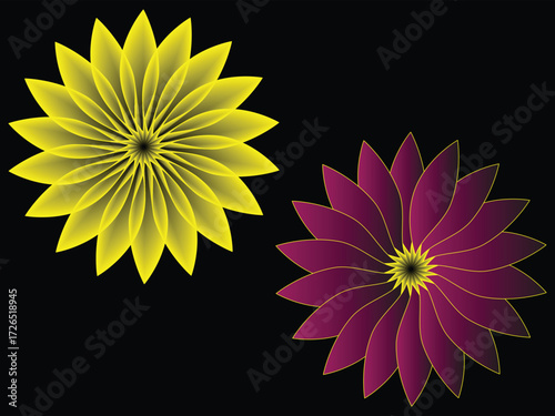 Two abstract floral designs in yellow and purple against a black background