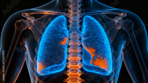 Ai for cancer detection in human lung medical scan showing highlighted affected tissue