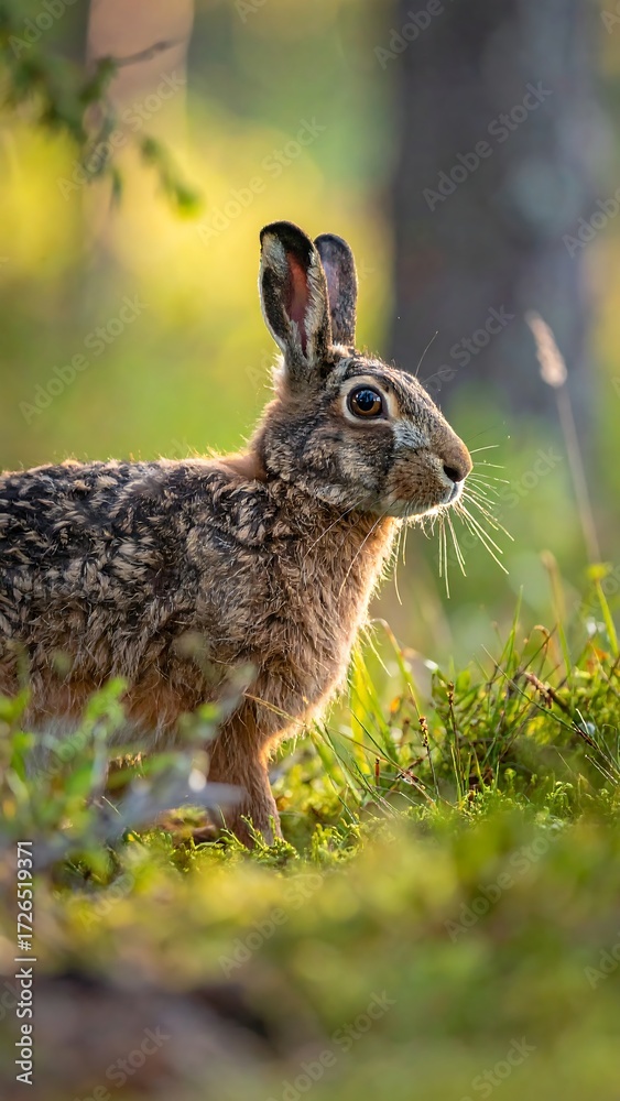 Fototapeta premium A brown hare sits in dappled sunlight amongst low-lying vegetation