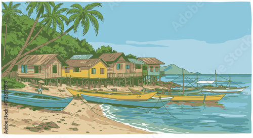 Idyllic Tropical Stilt Village with Fishing Boats on a Serene Coastal Beach