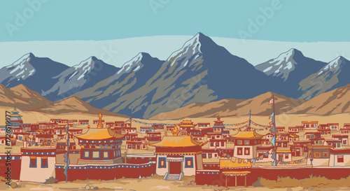 Pixelated landscape of a remote monastery village in a mountain range