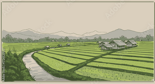 Scenic Countryside Illustration Rice Fields and Rural Houses