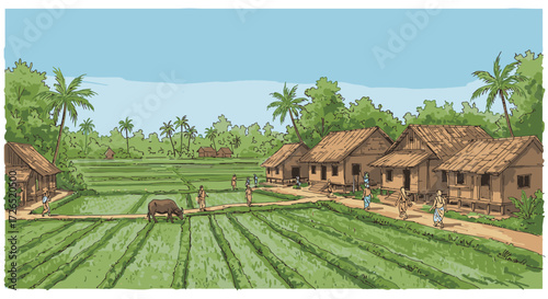 Serene Rural Life in a Tropical Village with Green Rice Fields and Traditional Houses