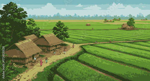 Serene Rice Terraces and Village Life in Pixel Art Style