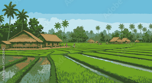 Rural Village with Rice Terraces A Peaceful Pixelated Landscape