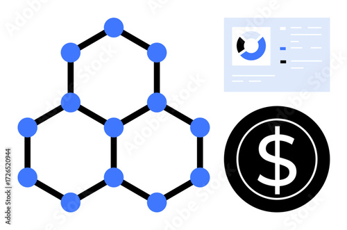 Hexagonal blockchain network, analytic chart, and dollar sign coin emphasize technology, finance, and data applications. Ideal for cryptocurrency, fintech, big data, investment ledger systems
