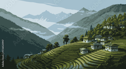 Pixelated landscape of a tranquil mountain village with terraced rice paddies