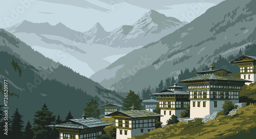Bhutanese traditional architecture in a mountainous landscape