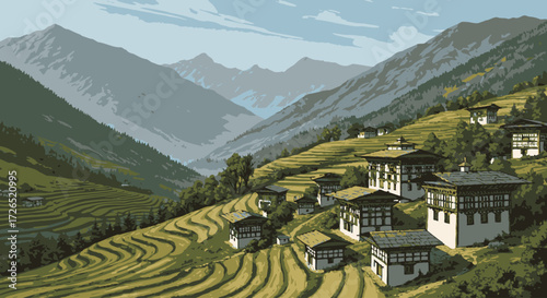 Scenic view of traditional Bhutanese village nestled in lush green terraced fields