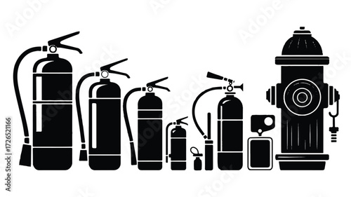 A black and white silhouette illustration of various fire safety equipment arranged on a white background 