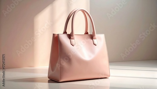 A stylish, light pink tote bag sits elegantly on a white surface, showcasing a smooth texture and simple design.