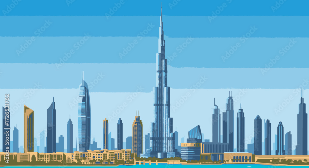Obraz premium Stylized Digital Illustration of a Modern Metropolis Skyline by the Water