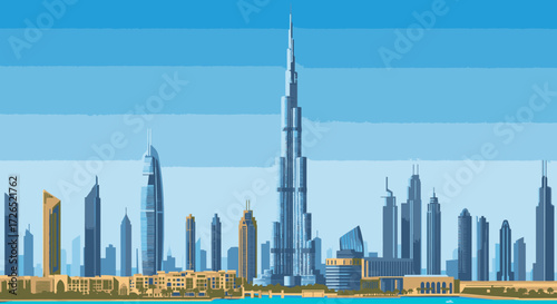 Stylized Digital Illustration of a Modern Metropolis Skyline by the Water