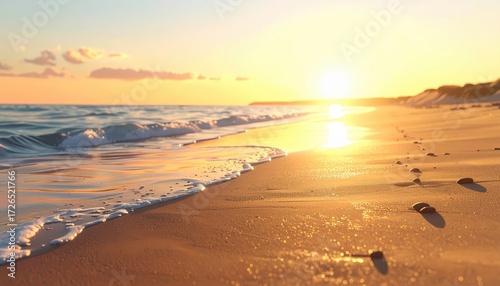Golden hour serenity on a tranquil beach, where gentle waves kiss the shore at sunset, painting the sand in warm hues.