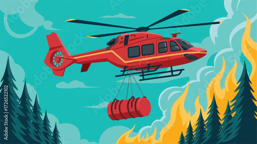 A digital illustration of a red fire-fighting helicopter flying over a forest fire 