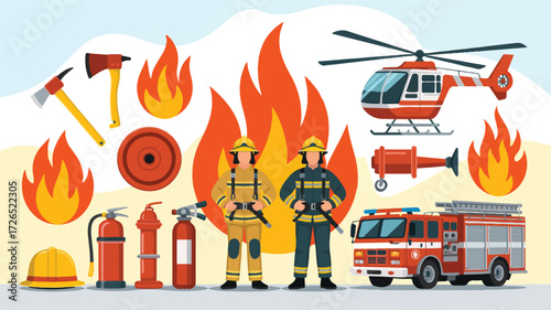 A flat design illustration of firefighter equipment and vehicles arranged on a white background 