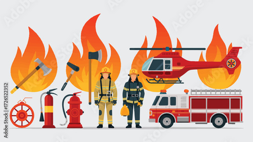 A flat design illustration of firefighter equipment and vehicles arranged on a white background 