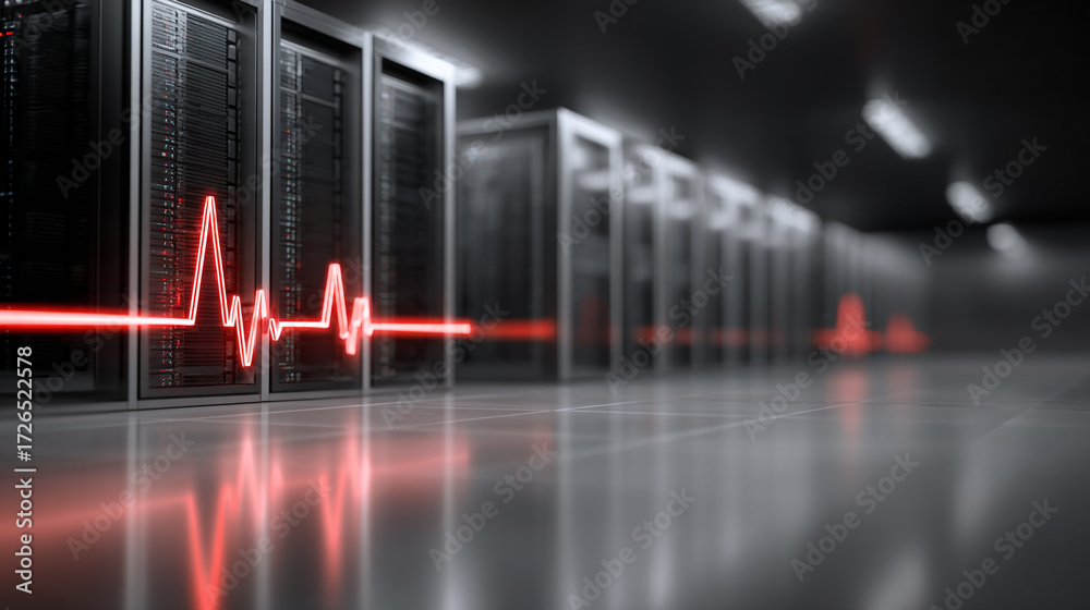 Obraz premium Digital Data Center with Heartbeat Pulse Monitoring Server Rows in Modern Technology Environment