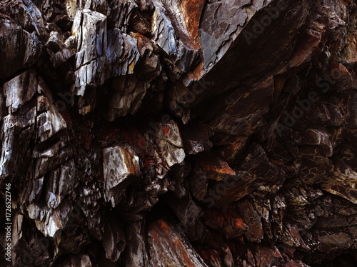 Autumn trend Burnt Wood. Burnt Wood color. Autumn style. Rock texture. Geodesy and geology. Burnt Wood tinted minerals.