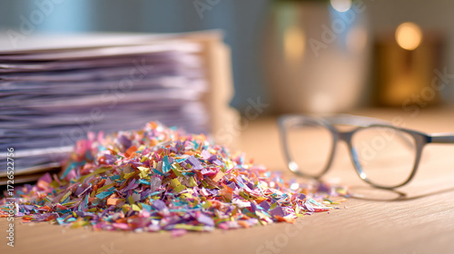 Wallpaper Mural Colorful Shredded Paper Confetti Pile Beside Stack of Blank Papers and Glasses in Office Setting with Soft Lighting Torontodigital.ca