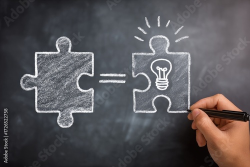 Hand-drawn jigsaw puzzle pieces on a chalkboard, one with a lightbulb, symbolizing idea connection