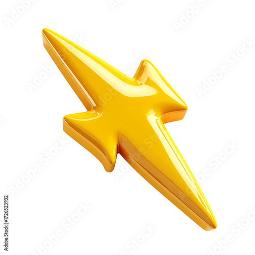 3D plastic cartoon style lightning bolt icon, glossy yellow plastic with shiny on transparent background and white background 