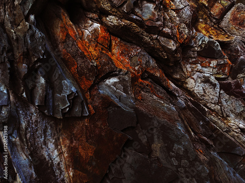 Autumn trend Burnt Wood. Burnt Wood color. Autumn style. Rock texture. Geodesy and geology. Burnt Wood tinted minerals.