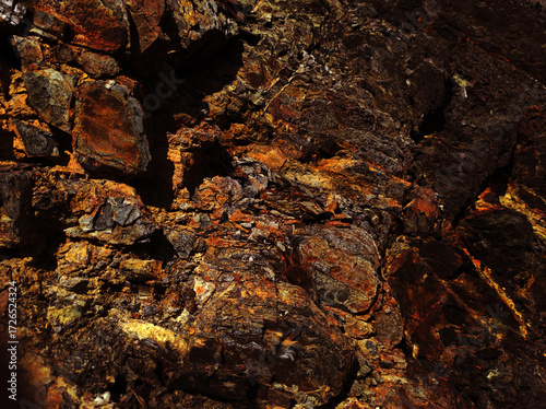 Autumn trend Burnt Wood. Burnt Wood color. Autumn style. Rock texture. Geodesy and geology. Burnt Wood tinted minerals.