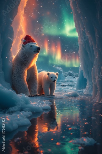 polar bear on north pole wearing christmas hats