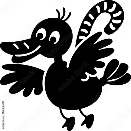 Whimsical cartoon bird with long beak and curly tail, featuring playful wings and cheerful expression. illustration is simple and stylized, capturing sense of fun and imagination